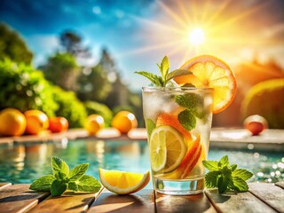 Refreshing Citrus Mint Iced Drink by Poolside - Vintage Summer Photo