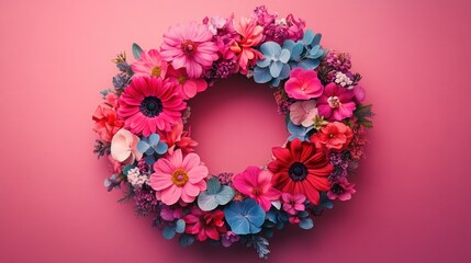 Vibrant floral wreath on a pink background