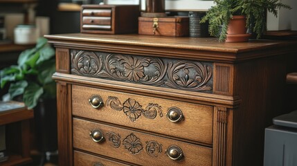 Ornate antique chest of drawers in a home office setting with decorative carvings and vintage accessories
