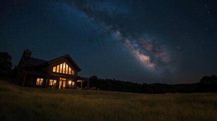 Rustic Wooden Home Illuminated Under A Starry Milky Way Night Sky
