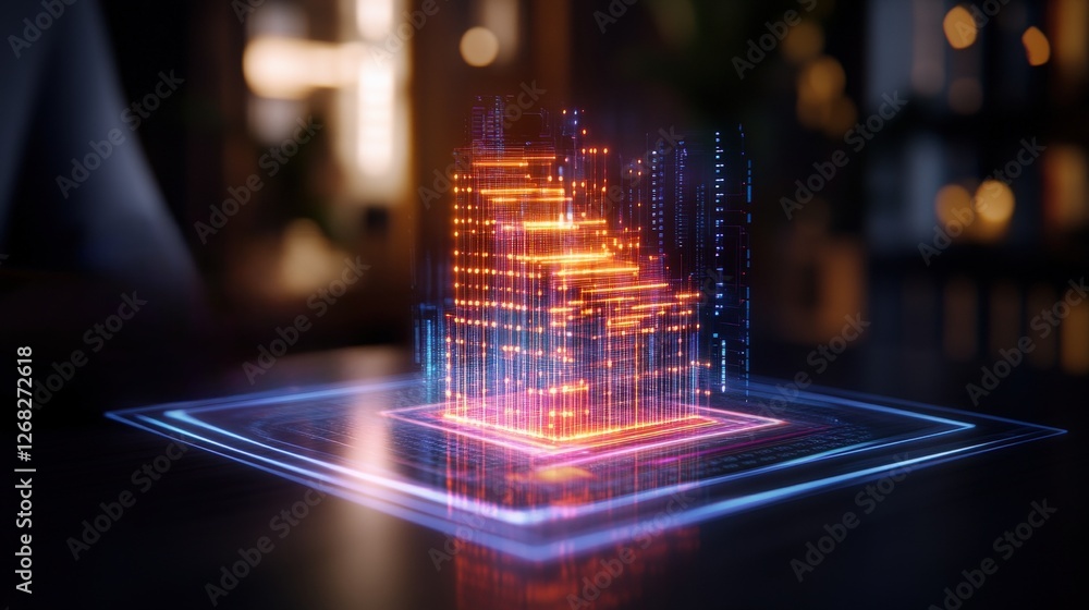 Poster computer with glowing city architecture simulator innovation hologram project on display screen