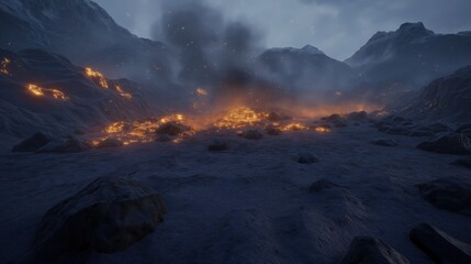 Fototapeta premium Fiery Mountain Night Landscape Dark Smoky Atmosphere