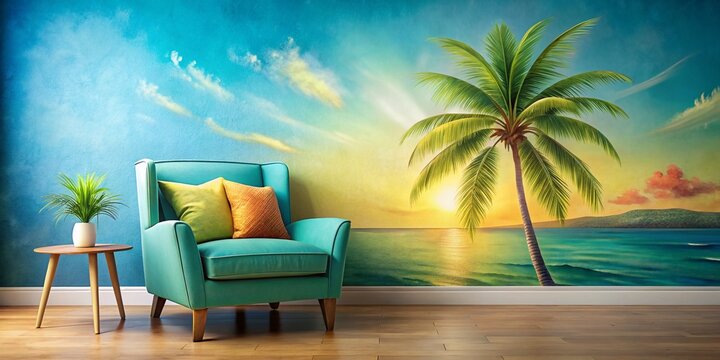 Relaxing Tropical Scene: Chair, Pillow, Palm Tree Wall Decor - Stock Photo