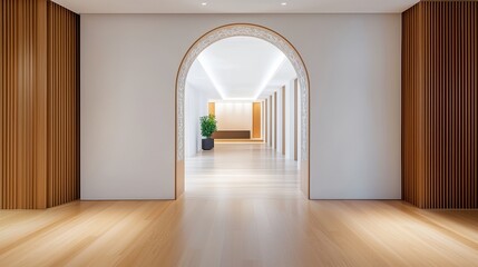 Modern Architectural Interior With Archway And Wooden Walls