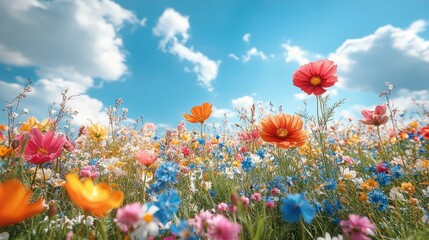 Obraz premium Vibrant wildflowers meadow, sunny sky, blooming flowers