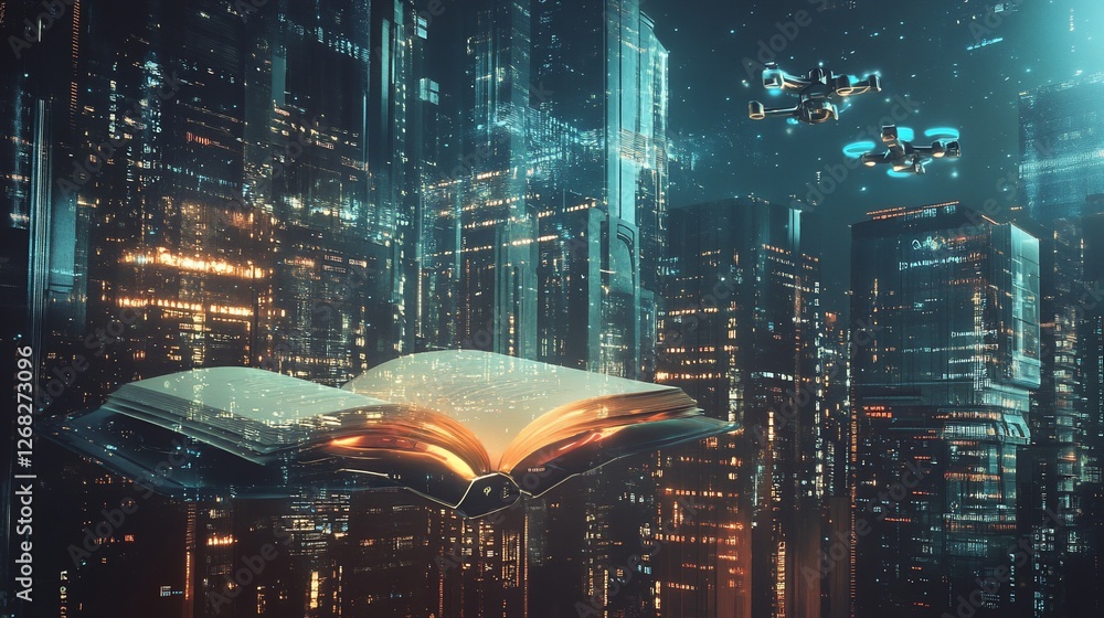 Poster futuristic city with a glowing open book and hovering drones at night time view