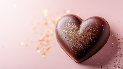 Fototapeta premium A close-up of a large heart-shaped chocolate . The chocolate sits against a soft blush pink background, with golden sparkles around it. Plenty of open space is left for text in the center.