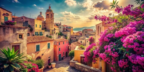 Retro Travel Postcard Background: Vintage Architecture & Scenic View