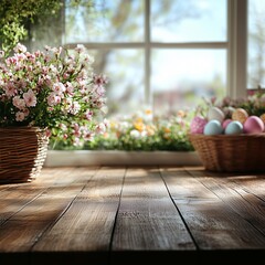 Desk of free space and Easter time. Blurred background of window space. Easter background with a wooden table top and Easter decorations in the window