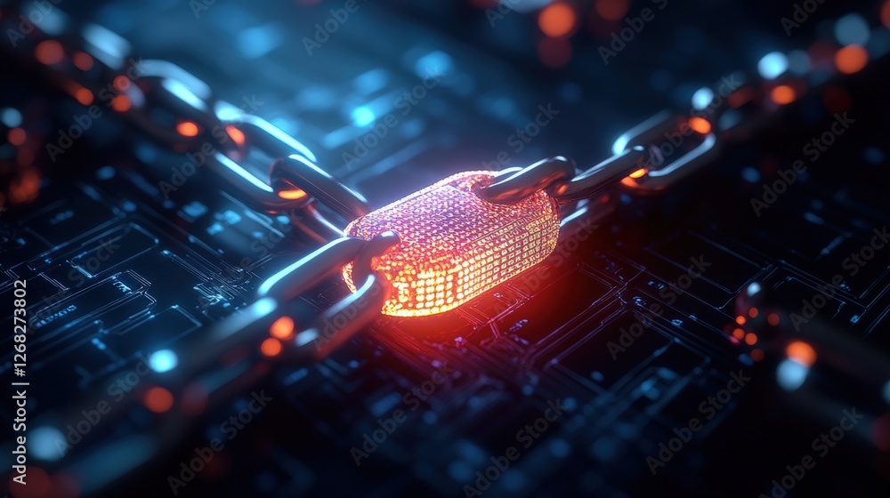 Poster computer chip with glowing red light representing blockchain technology in supply chain management i