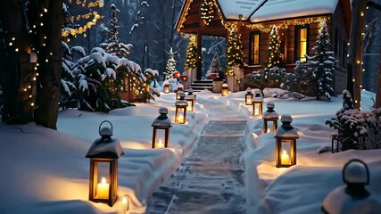 A magical winter park pathway illuminated by glowing streetlights and festive Christmas decorations, creating a dreamy, fairytale-like atmosphere.