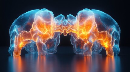 Abstract dual glowing skulls, symmetrical design, dark studio, reflections