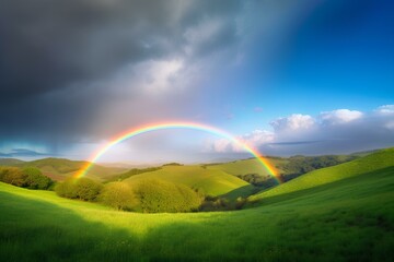 Naklejka premium rainbow over green field