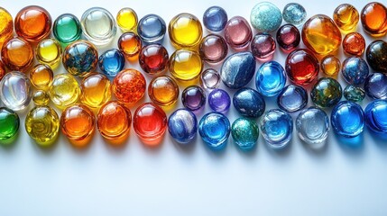 Colorful collection of glass marbles arranged in a vibrant pattern on a white surface
