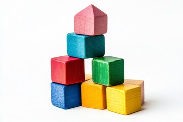 Colorful wooden blocks stacked, house shape, white background, growth concept