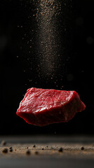 Food photo. Flying steak on the dark background
