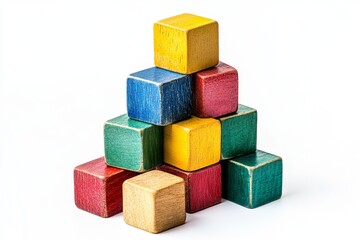 Colorful wooden blocks pyramid, studio, growth, white background, education
