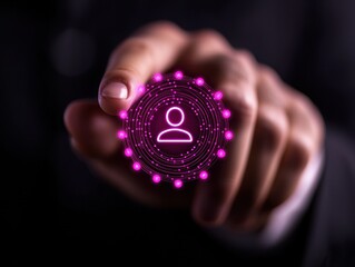 Person holding digital icon representing user profile in a vibrant interface.
