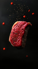 Food photo. Flying steak on the dark background