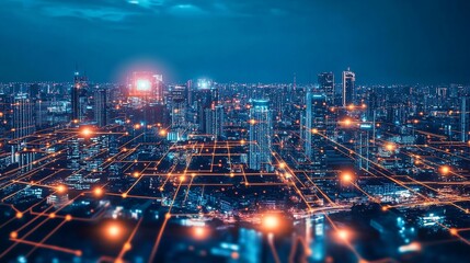 Naklejka premium Futuristic Cityscape with Network Connections, Illustrating Connectivity and Data Flow at Night