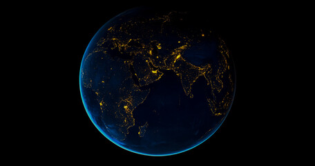 Obraz premium A stunning view of planet Earth at night, illuminated by glowing lights on a dark background.