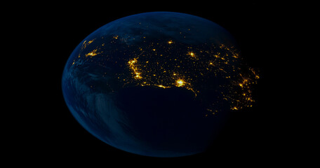 Obraz premium A stunning view of planet Earth at night, illuminated by glowing lights on a dark background.