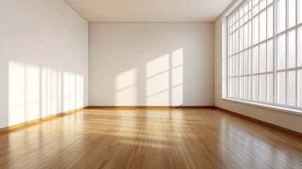 Sunlight in empty room, hardwood floor, large window, interior design
