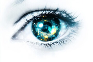 Futuristic eye, digital data, iris close-up, white background, tech concept