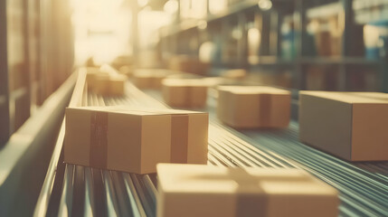 Packages move on conveyor belt in warehouse