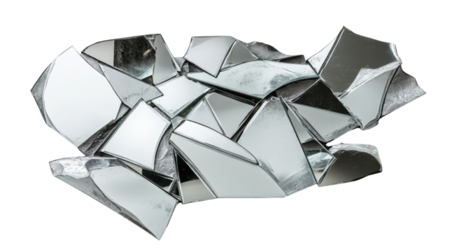 Broken mirror shards reflecting light on transparent background