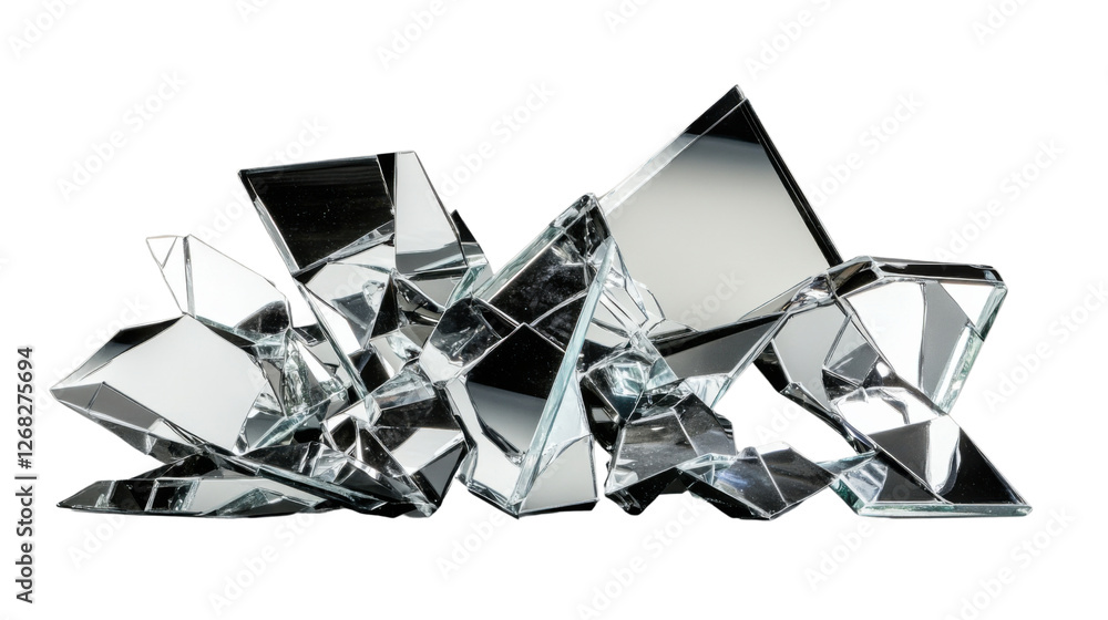 Poster broken mirror shards reflecting light on transparent background