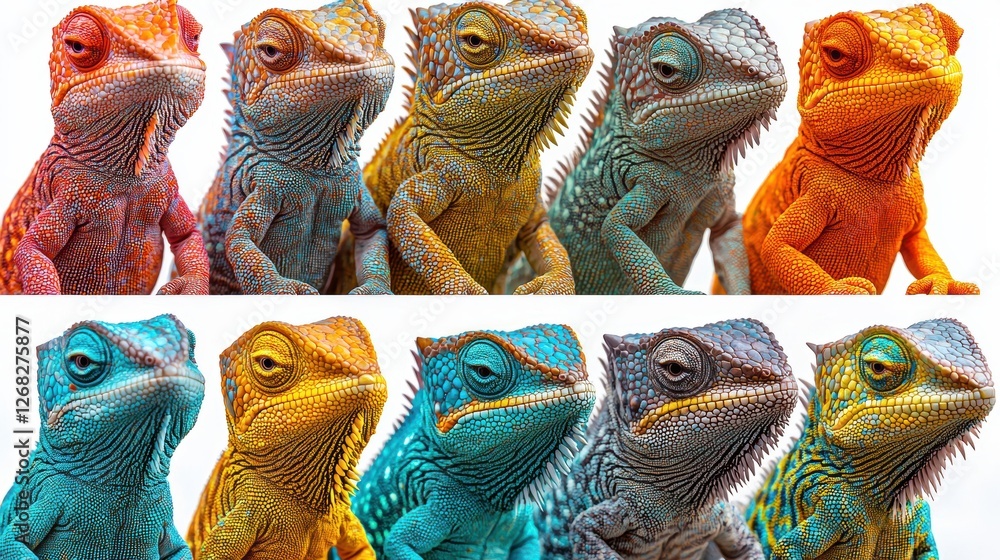 Poster a vibrant display of colorful lizards in various poses.