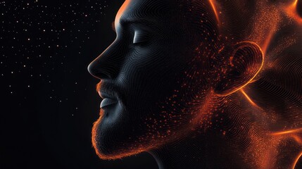 Serene man, fiery aura, dark background, meditation, spiritual concept