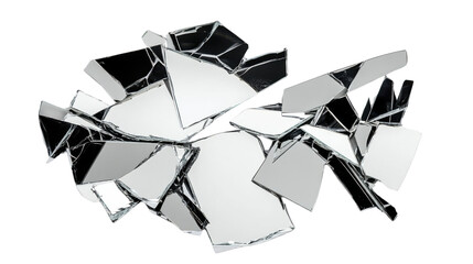 Broken mirror shards reflecting light on transparent background