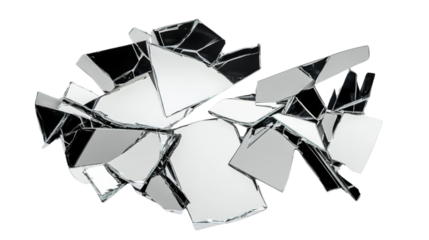 Broken mirror shards reflecting light on transparent background