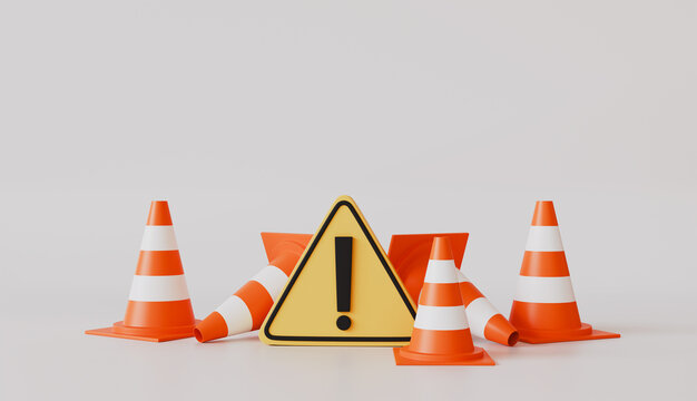 Red traffic cones with triangle warning symbol icon isolated on pastel color background, accident prevention concept