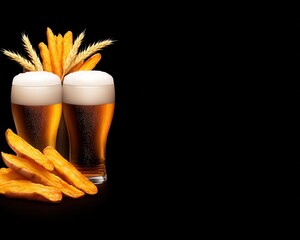 Two glasses of golden beer with crunchy snacks on a dark background.