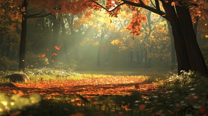 Enchanting autumn, a path bathed in golden light and falling leaves