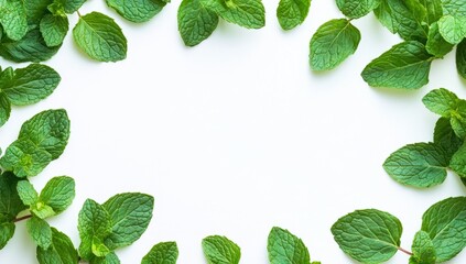 Fresh mint leaves frame, white background, food recipe, design element