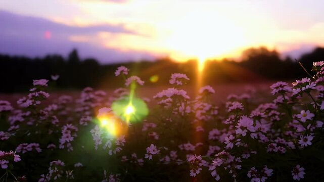Cinematic slow motion footage colorful sun flares blinking blooming spiraea bushes dusk providing breathtaking view spring meadows