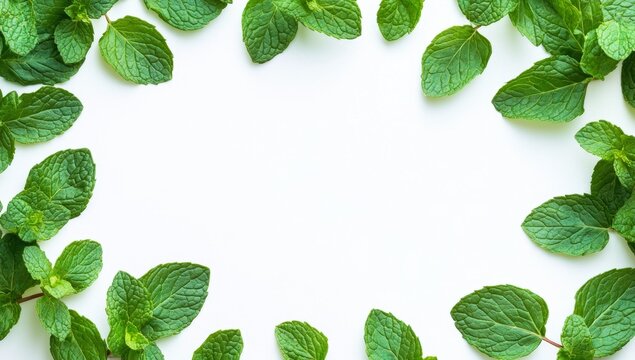 Fresh mint leaves frame, white background, food recipe, design element