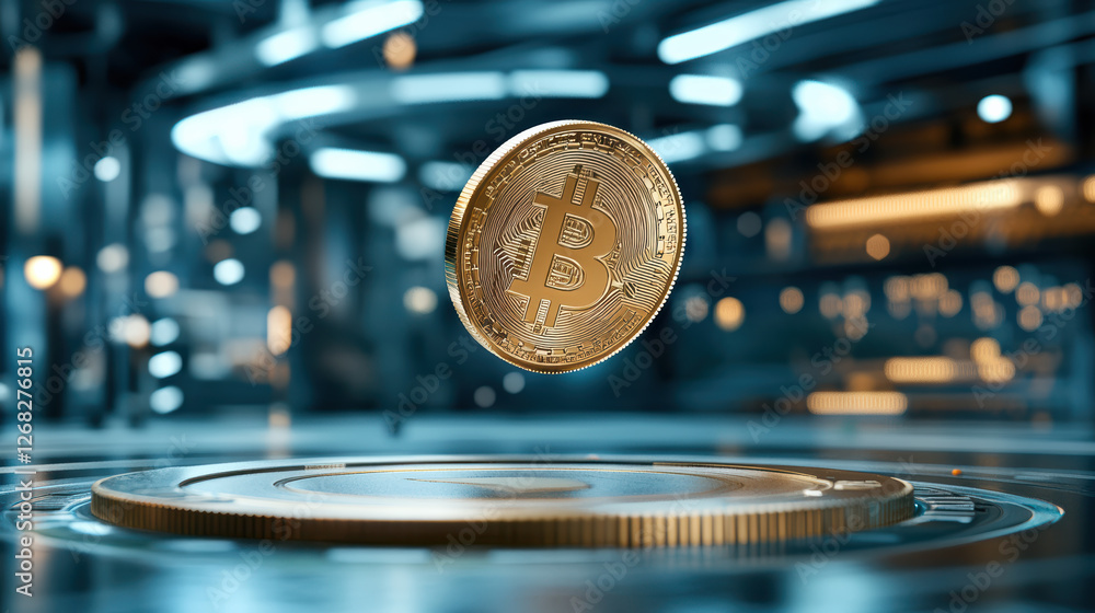 Poster digital coin floating in futuristic cyber space, symbolizing innovation and technology