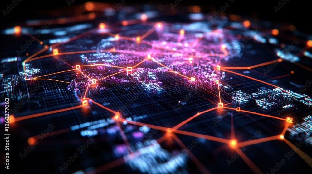 Poster close-up of a computer circuit board with connected lines and a 3d hologram of a global supply chain