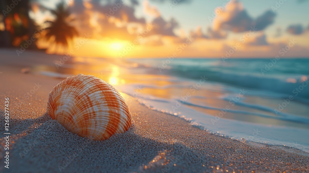 Poster a seashell resting on the beach at sunset with gentle waves in the background.