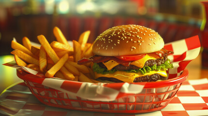 Delicious burger with melted cheese and crispy fries served in a red checkered basket at a casual diner.