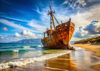 Fototapeta premium Rusty Shipwreck Glyfada Beach Gythio Laconia Peloponnese Greece - Side View Isolated