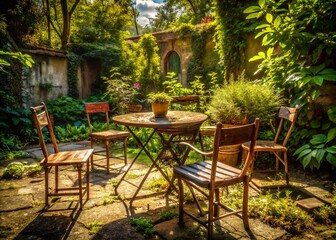 Rusty Vintage Garden Chairs & Tables: Minimalist Empty Setting Stock Photo