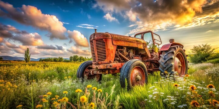 Rusty Red Abandoned Tractor in Field - Vintage Farm Equipment Stock Photo