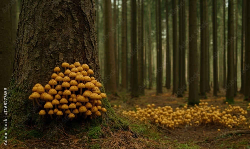Poster a cluster of yellow mushrooms growing at the base of a tree in a serene forest setting