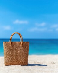 Woven beach bag resting on soft sand with tranquil ocean and blue sky in background.